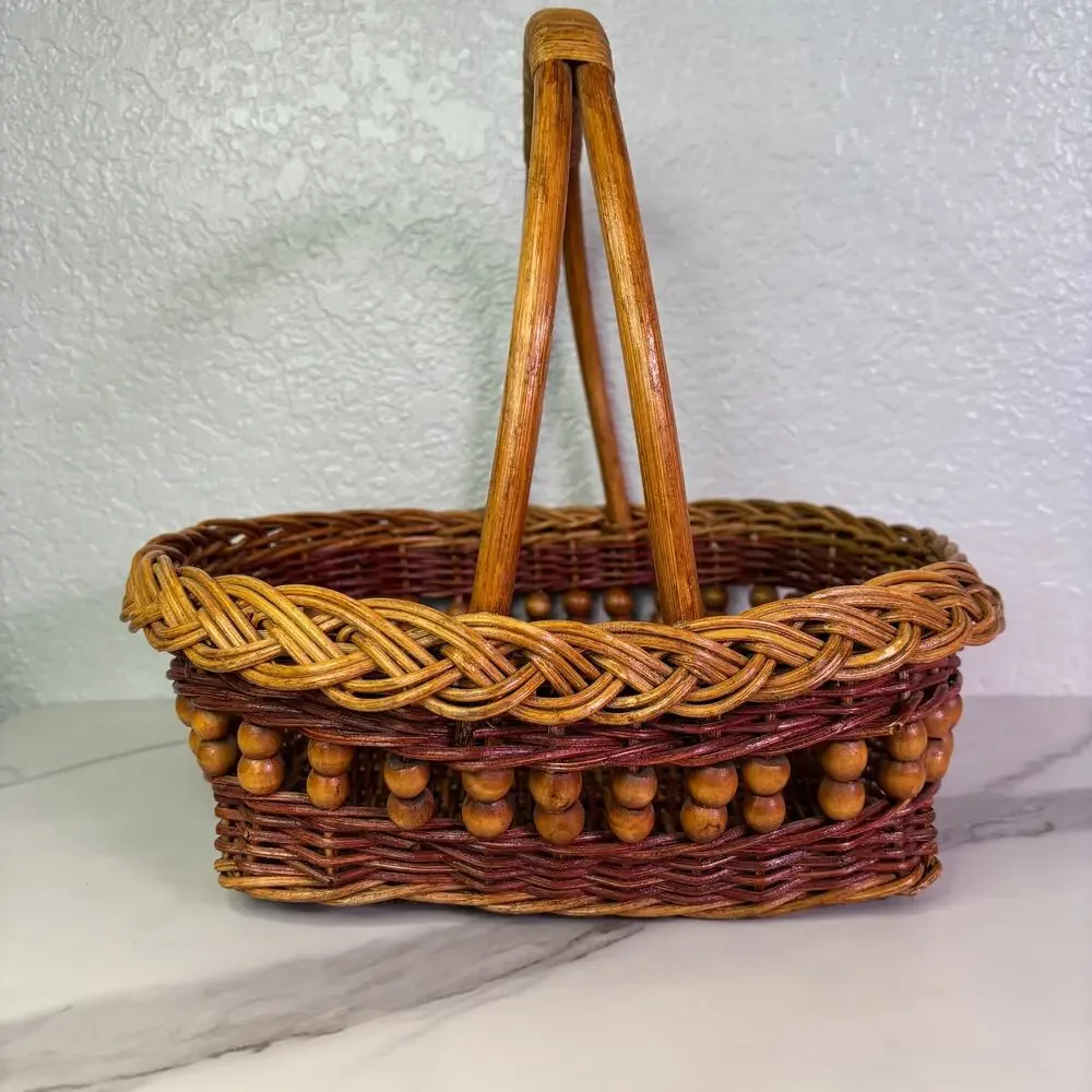 VTG Woven Wicker Gathering Basket Wood Bead Accent Braided Trim Boho Farmhouse